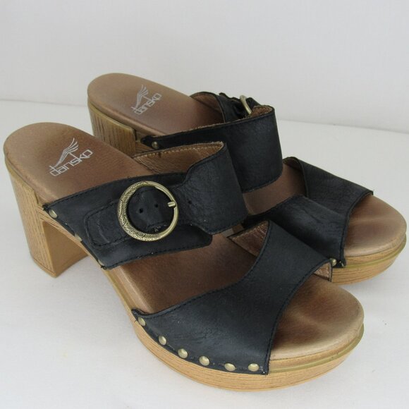 Dansko Black Leather Two Strap Studded Slide Heel Sandal 3" Women's 37 7 - Picture 1 of 9